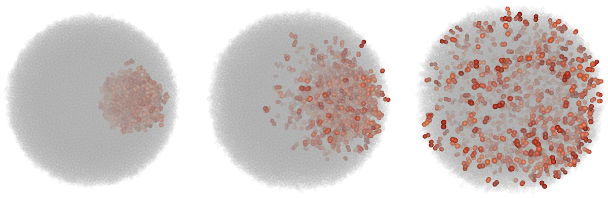 Three-dimensional cell spheroids showing motility-induced mixing, from lineage-confined (left) to fully mixed (right) as motility increases